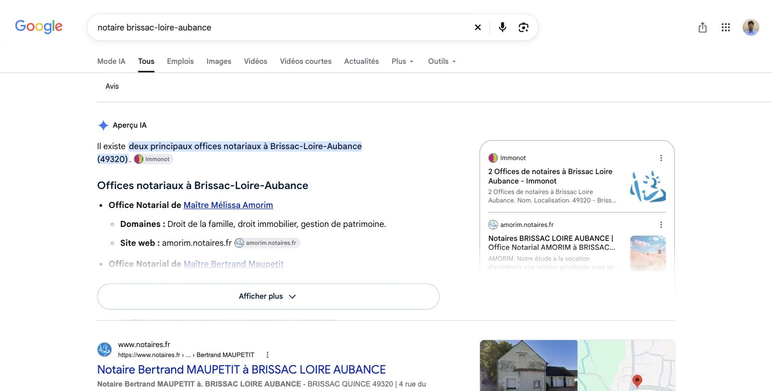 Recherche « notaire brissac-loire-aubance » : l'aperçu IA de Google cite l'office de Maître Mélissa Amorim en premier