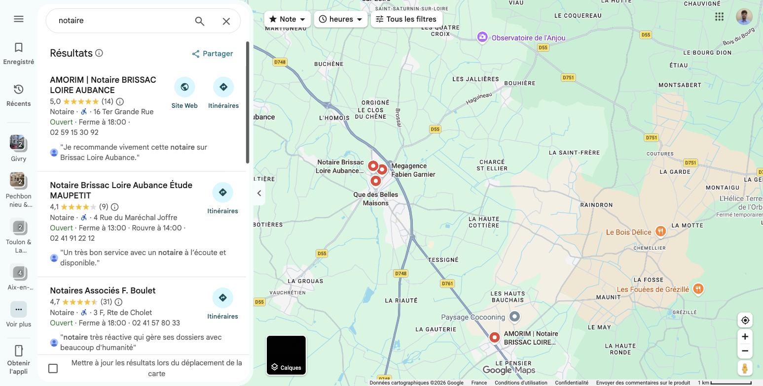 Google Maps, recherche notaire autour de Brissac : l'office Amorim arrive en tête