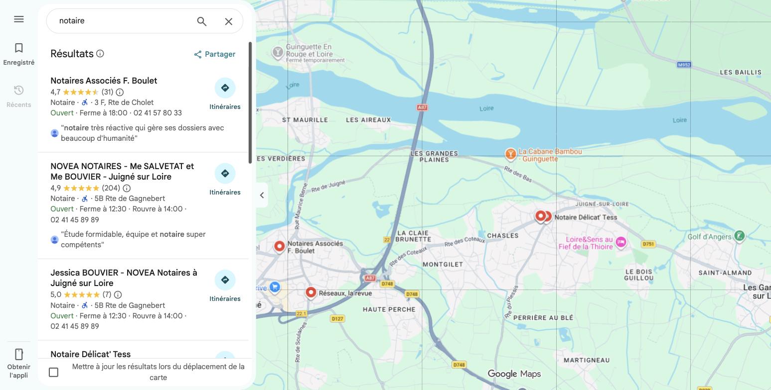 Google Maps, recherche « notaire », carte centrée sur Juigné-sur-Loire : Boulet, Novea Notaires 204 avis, l'office Amorim absent des 7 premiers